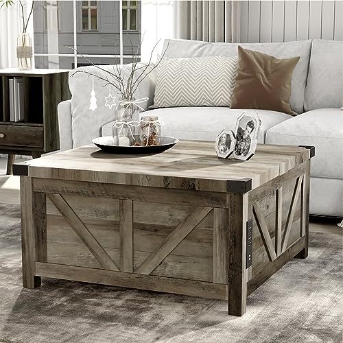 Farmhouse Lift Top Coffee Table with Storage and Charging Station, Brown J61149