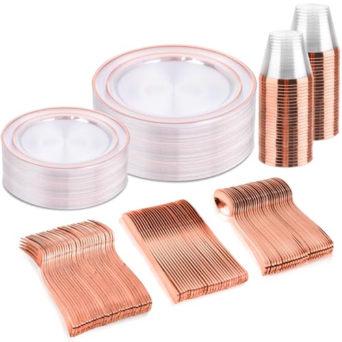 bUCLA 300PCS Gold Disposable Dinnerware Set - White and Gold Plastic Plates for Party S185