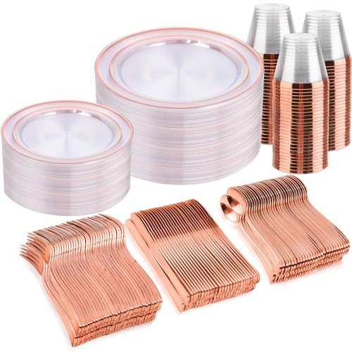 bUCLA 300PCS Gold Disposable Dinnerware Set - White and Gold Plastic Plates for Party S185