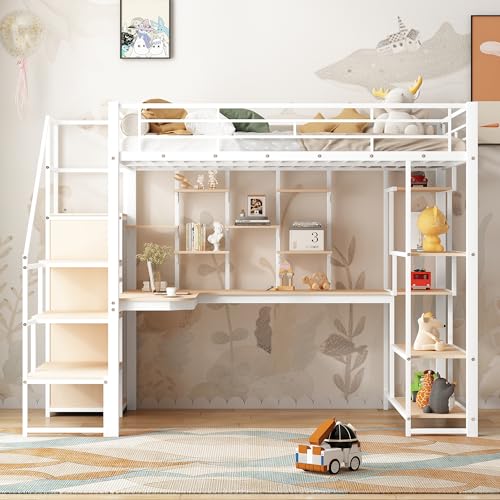 Full Size Loft Bed with Desk & Stairs, Heavy Duty Metal, Black E948