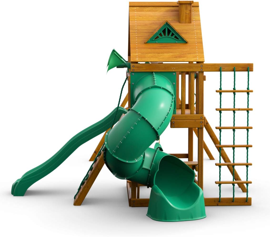 Gorilla Playsets Mountaineer Wooden Swing Set with Two Slides, Brown L164