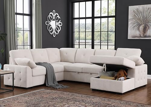 L-Shaped Pull Out Sleep Sofabed with Storage Chaise, Chenille Upholstered X30892