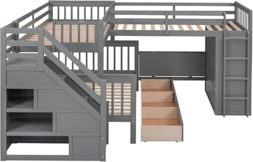 MERITLINE Twin Over Full Triple Bunk Bed with Storage Stairs, Solid Wood, Grey R998