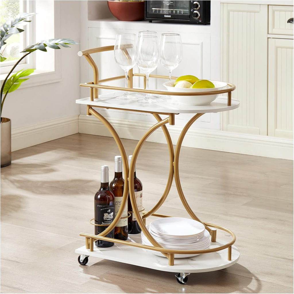 2-Tier Rolling Bar Cart with Wine Rack and Glass Holder, Gold K4336