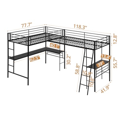 Twin L-Shaped Loft Bed with 2 Built-in Desks, Metal Frame, Black L216334