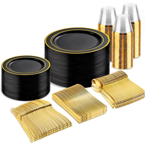 bUCLA 300PCS Gold Disposable Dinnerware Set - White and Gold Plastic Plates for Party S185