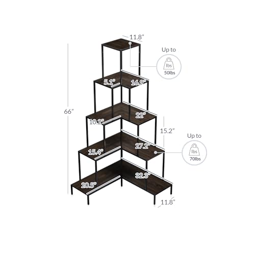 BELLEZE 5-Tier Corner Bookshelf with RGB Light, 66" Tall L-Shaped Bookcase U343072