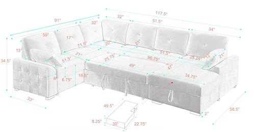 L-Shaped Pull Out Sleep Sofabed with Storage Chaise, Chenille Upholstered X30892