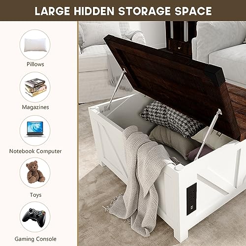 Farmhouse Lift Top Coffee Table with Storage and Charging Station, Brown J61149