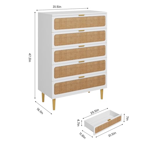 Rattan 5 Drawer Tall Dresser for Bedroom, Black V99880