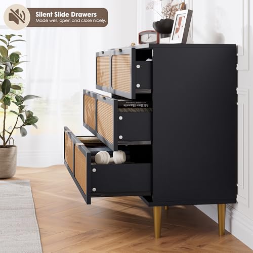 Rattan 5 Drawer Tall Dresser for Bedroom, Black V99880