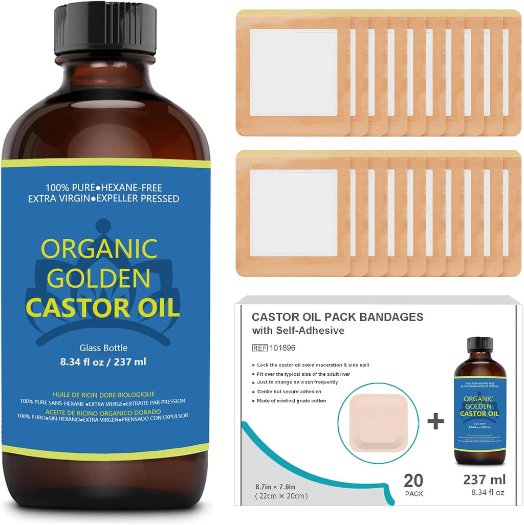 Castor Oil Pack for Liver Kit, Castor Oil Organic Cold Pressed Unrefined in Glass Bottle (8fl.oz/237ml), 20Pcs 8.7"*7.9" Self-Adhesive Castor Oil Pack Wrap Kits, No Wash, Anti-Seepage