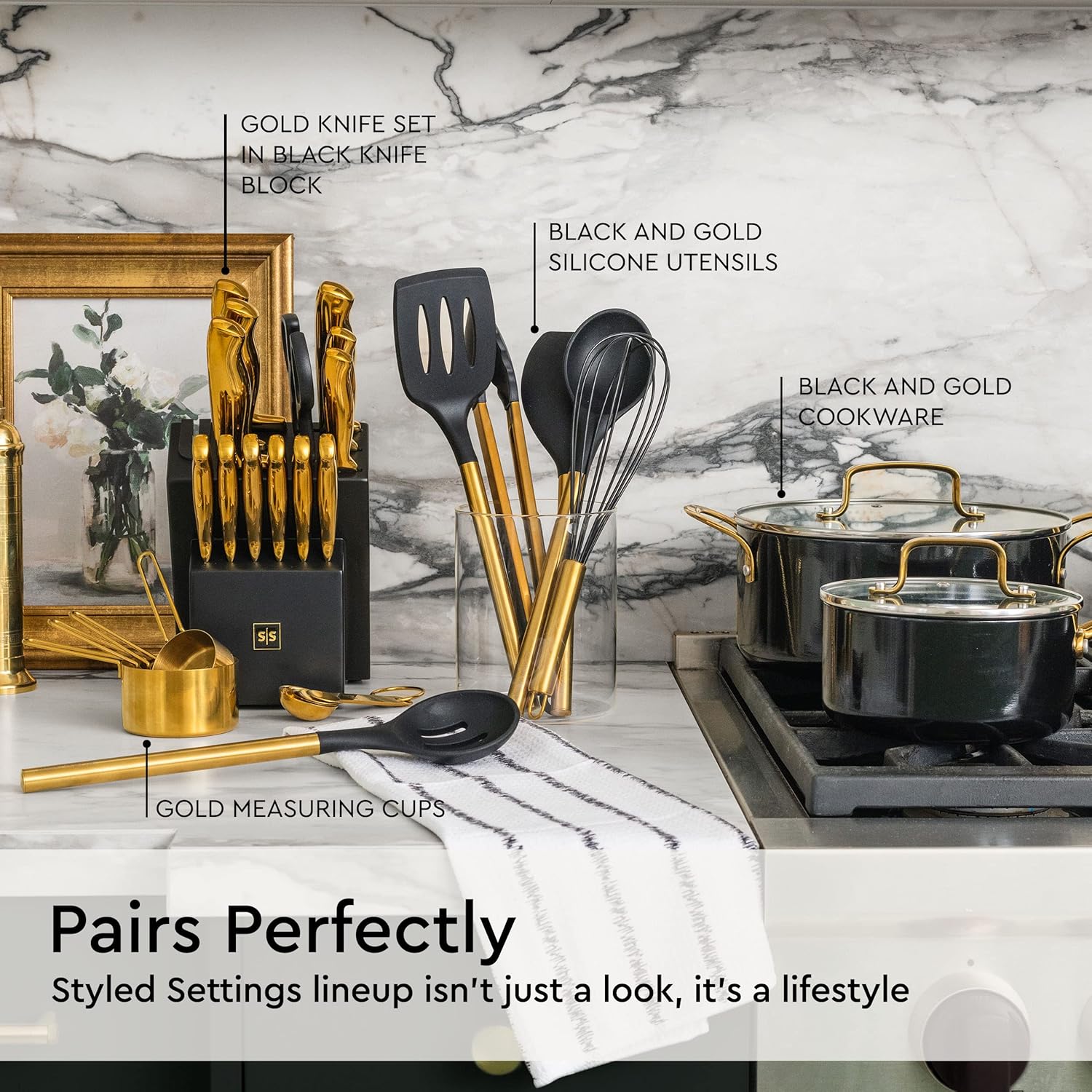 Black and Gold 20-Piece Knife Set with Block and Silicone Utensils Q8450