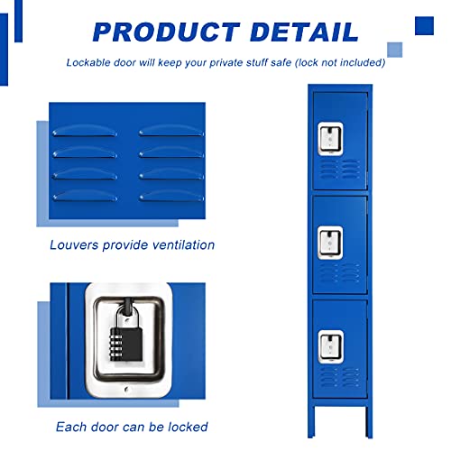 Bonusall Metal Locker 3-Tier Steel Storage Cabinet, 3 Doors Grey H746