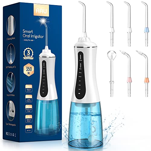 Cordless Water Dental Flosser for Teeth - Portable and Rechargeable Oral Irrigator with 350ML Tank 5 Modes 6 Replaceable Tips- IPX7 Waterproof Powerful Battery Water Dental Picks for Travel Home Use