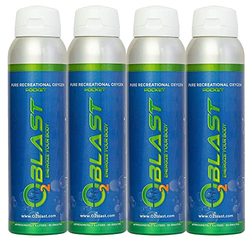 O2 Blast - Pure Oxygen Supplement - Supports Fast Recovery, Increase Stamina, & Enhanced Focus for High Altitude & Action Sports, Flip-Top Cap - 4 Liter Portable Canned Oxygen - 4 Pack