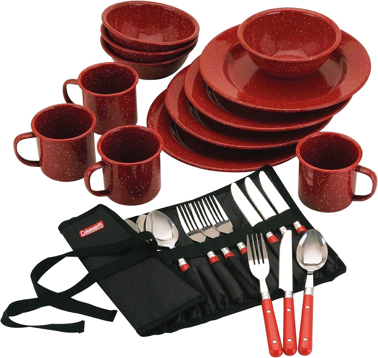 Coleman Stainless Steel Percolator Coffee Pot 12-Cup with 24-Piece Enamel Dinnerware Set G6463