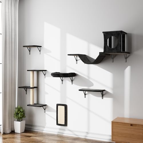 NUNU LAB Wall Mounted Cat Climber Set with House, Tunnel, Scratcher, Black M305