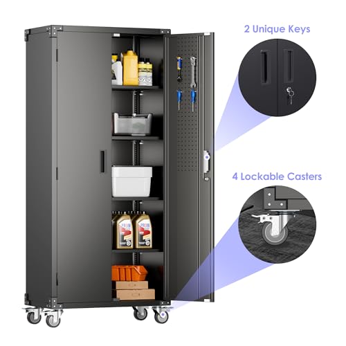 Aobabo 73''H Metal Garage Storage Cabinet with Wheels, Black S572804