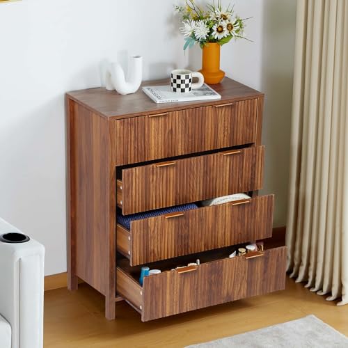 Fluted 5 Drawers Dresser for Bedroom, Wooden Tall Storage, Walnut L1075