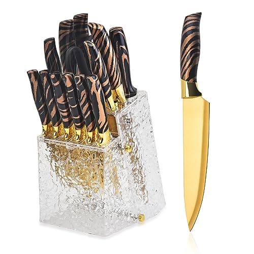 Knife Block Set, Gold Sharp Knives with Acrylic Block, Stainless Steel Kitchen Knife Set with Serrated Steak Knife, Chef Knife, Bread Knife, Scissors, Sharpener, 14Pcs Professional Knife Set for gift