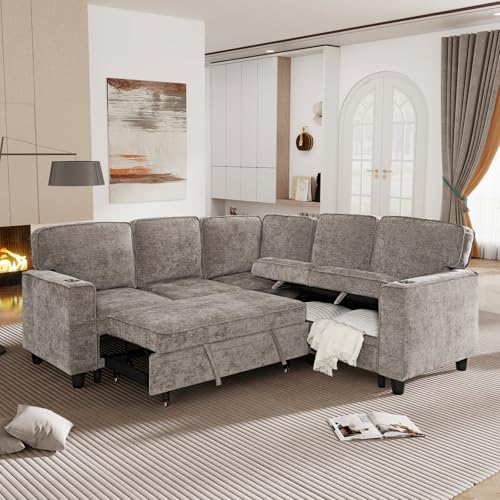 L-Shaped Pull Out Sleep Sofabed with Storage Chaise, Chenille Upholstered X30892