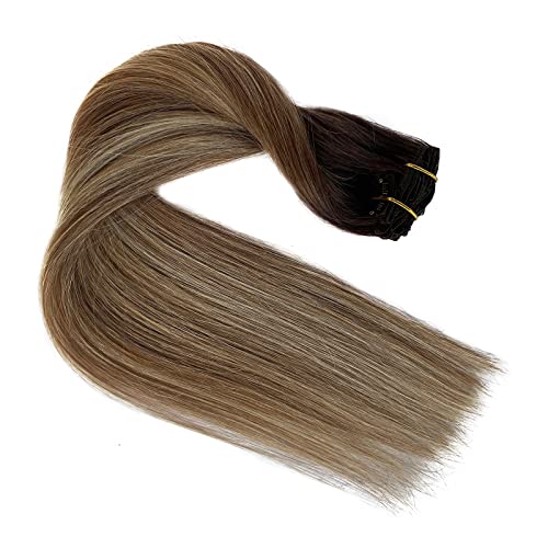 Clip in Hair Extensions 18 Inch Balayage Brown to Ash Brown Remy Human Hair 7pcs P659