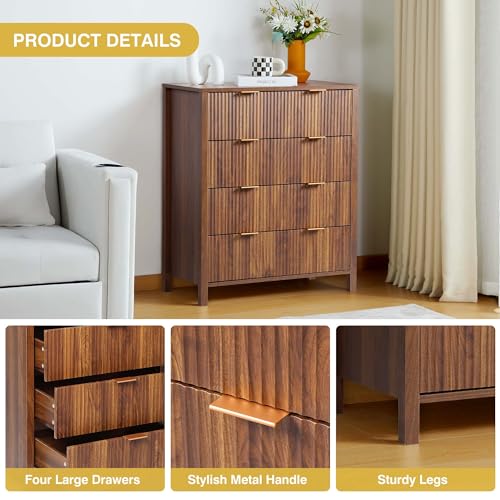 Fluted 5 Drawers Dresser for Bedroom, Wooden Tall Storage, Walnut L1075