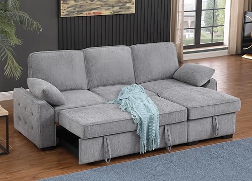 L-Shaped Pull Out Sleep Sofabed with Storage Chaise, Chenille Upholstered X30892