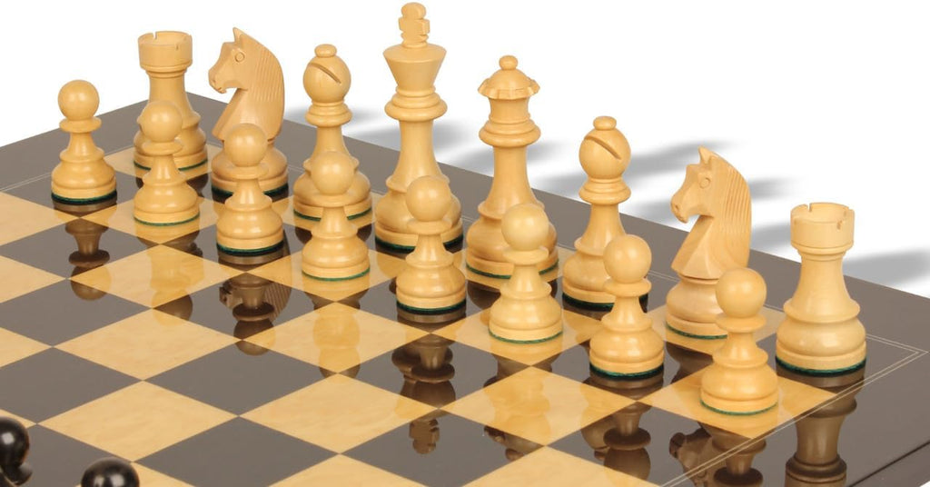 German Knight Staunton Chess Set Ebonized & Boxwood Pieces with Ash Burl Board - 3.75" King H98214