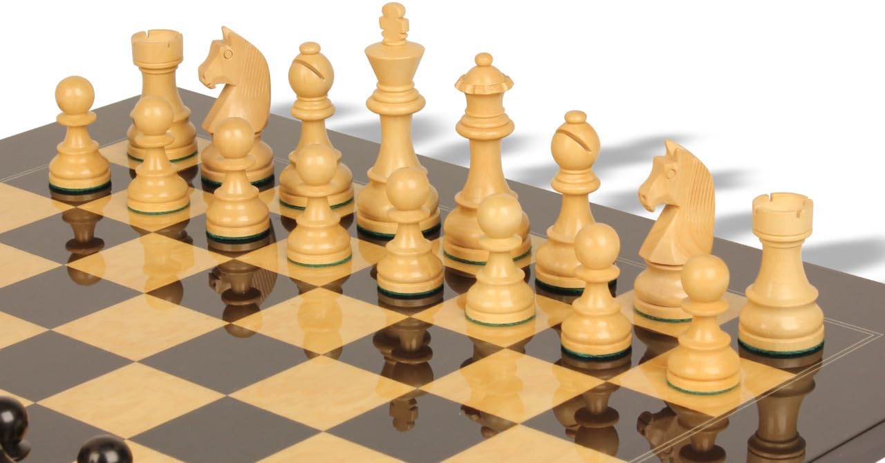 German Knight Staunton Chess Set Ebonized & Boxwood Pieces with Ash Burl Board - 3.75" King H98214