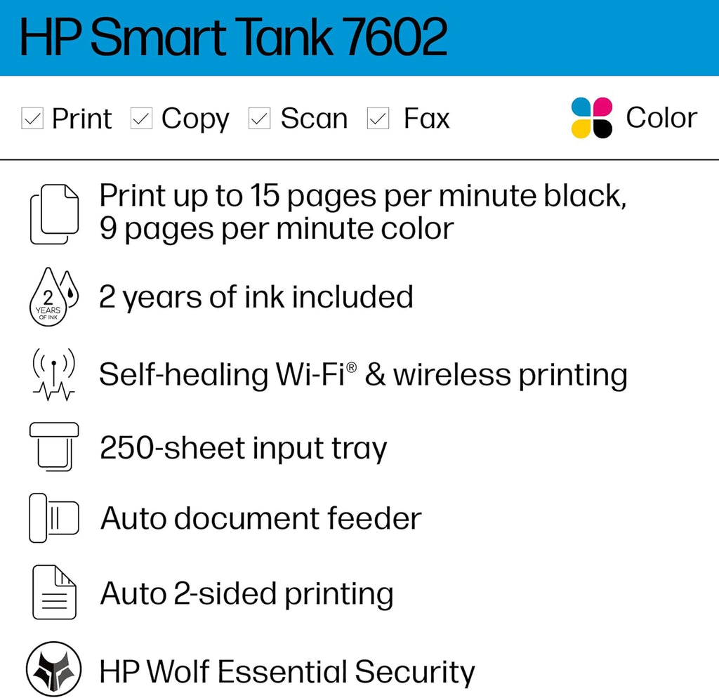 HP Smart Tank 7602 Wireless All-in-One Ink Tank Printer with 2 Years of Ink Included H750