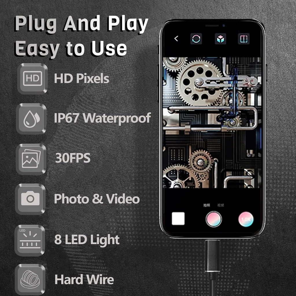 Industrial Endoscope Camera 1920P HD with 8 LED Lights, 16.4ft Cord for iPhone iPad G5437