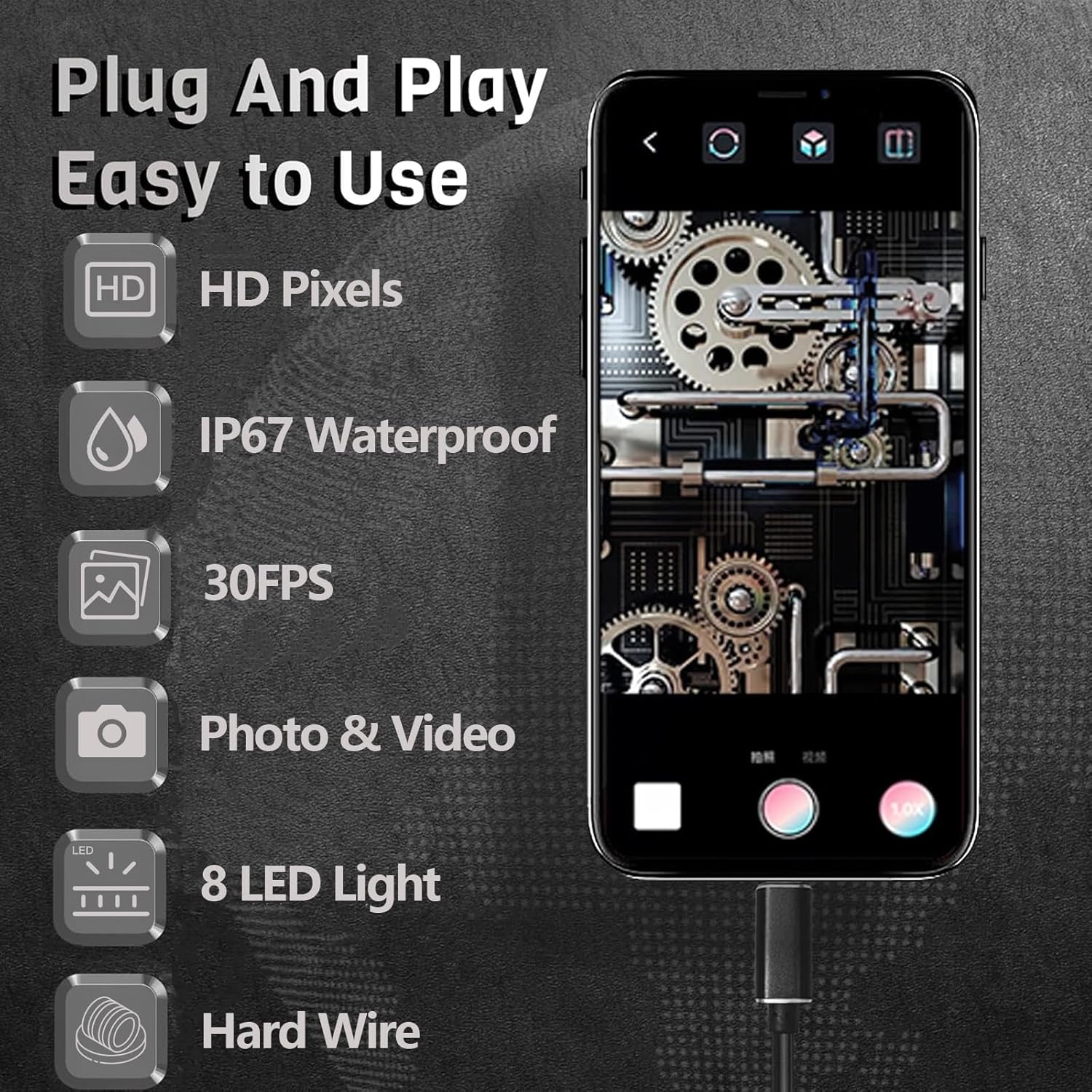 Industrial Endoscope Camera 1920P HD with 8 LED Lights, 16.4ft Cord for iPhone iPad G5437