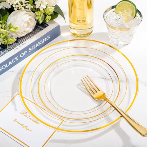 bUCLA 300PCS Gold Disposable Dinnerware Set - White and Gold Plastic Plates for Party S185