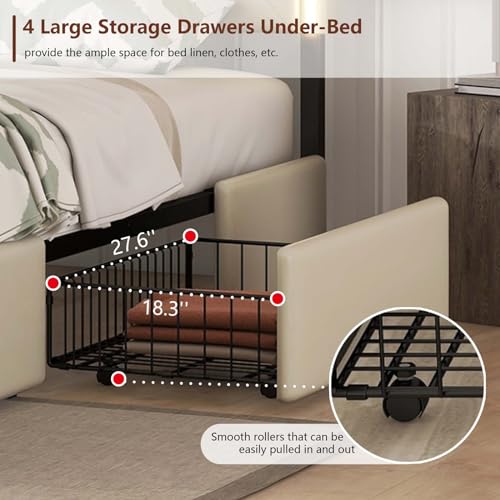 Queen Size Upholstered Bed Frame with 4 Storage Drawers, LED Light, No Box Spring Needed W7079