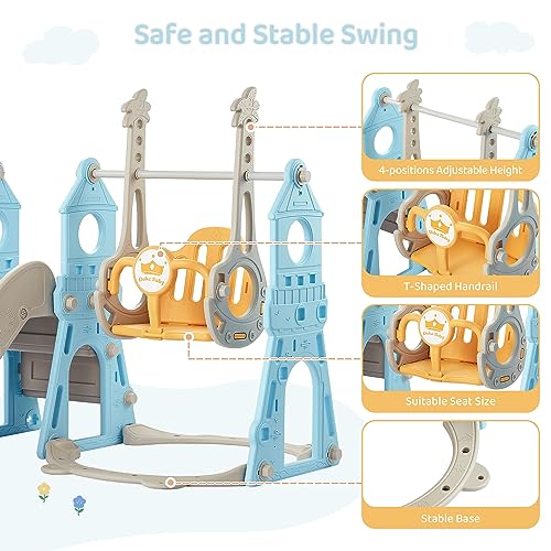 4-in-1 Toddler Slide and Swing Set with Basketball Hoop & Climber, Indoor/Outdoor Playset - Blue & Yellow J14810