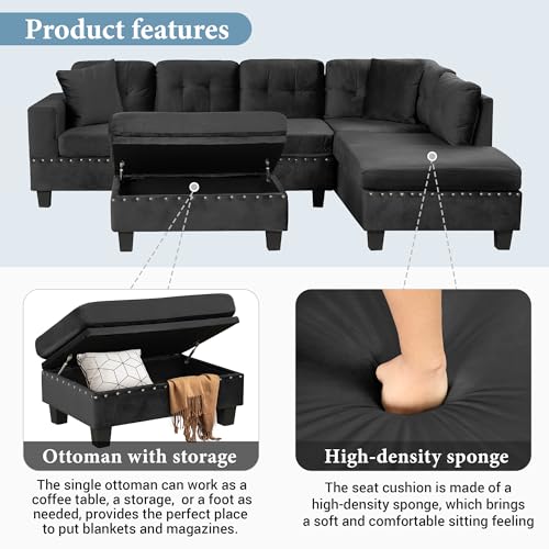 Merax Modern Sectional Sofa with Storage Ottoman, Black P61461