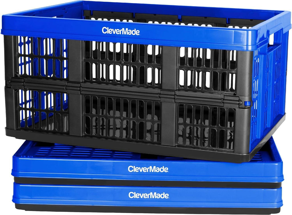 CleverMade Collapsible Utility Crate, Royal Blue, 3PK - 45L (11 Gal) Collapsible Storage Bins, Holds 66lbs Per Bin - Plastic Stackable Grated Wall Utility Containers, CleverCrates Baskets
