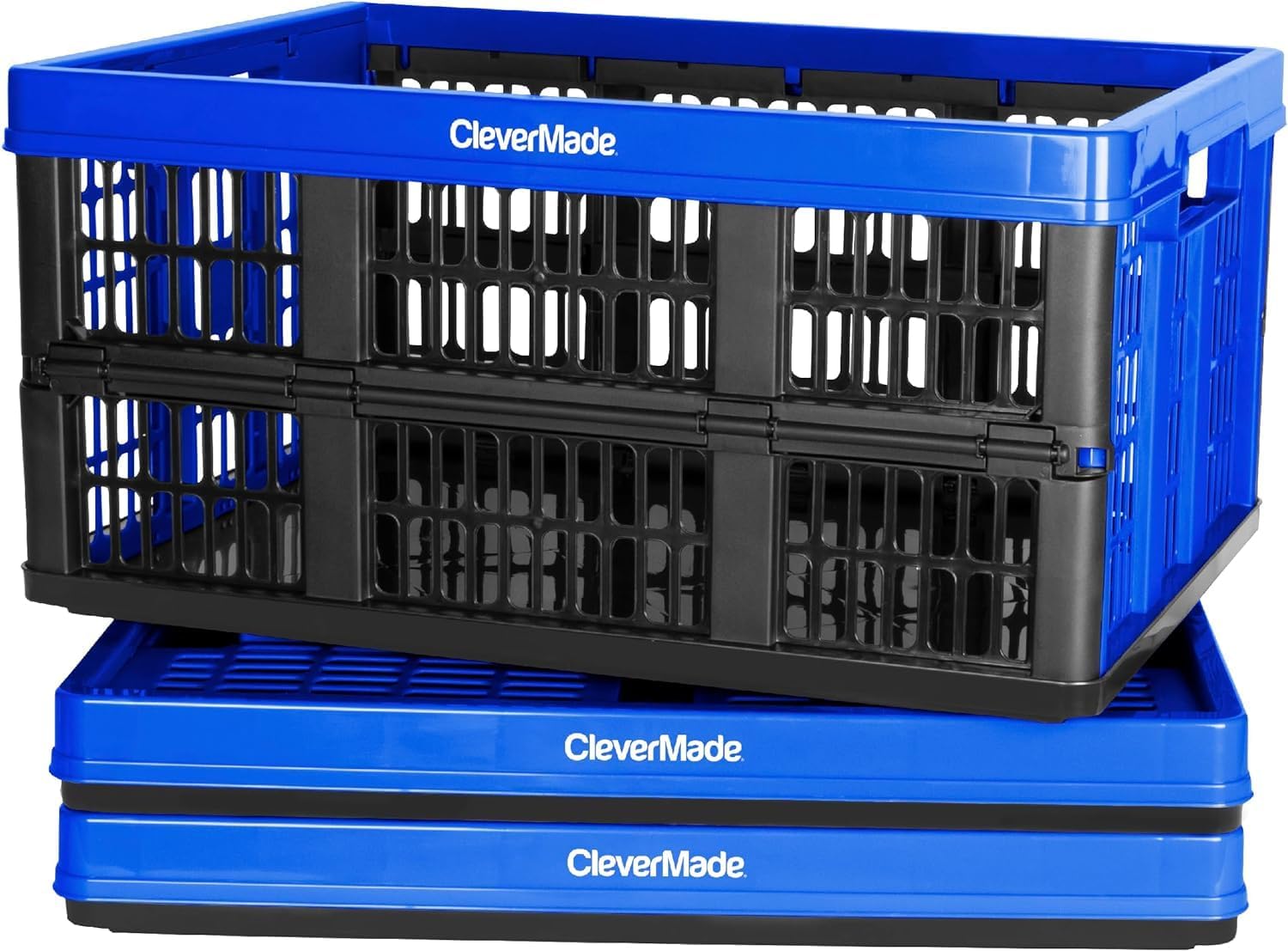 CleverMade Collapsible Utility Crate, Royal Blue, 3PK - 45L (11 Gal) Collapsible Storage Bins, Holds 66lbs Per Bin - Plastic Stackable Grated Wall Utility Containers, CleverCrates Baskets