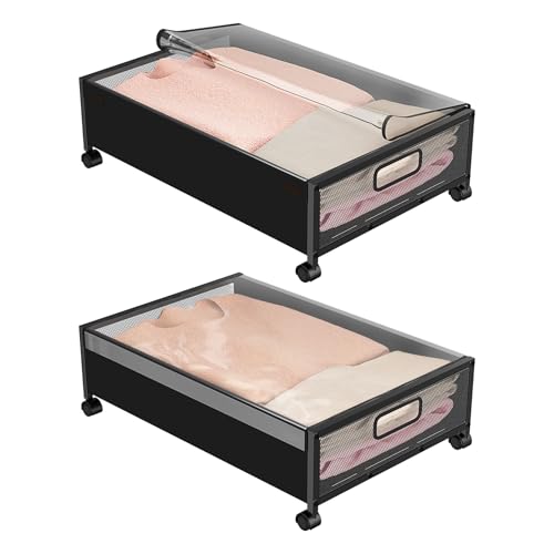 Under Bed Storage with Wheels,2 Pack Underbed Storage Containers with Lid & Clear Window,Rolling Underbed Organizer Drawer Bins with Sturdy Handles for Bedroom Closet Clothes Shoes Toys Books Blankets