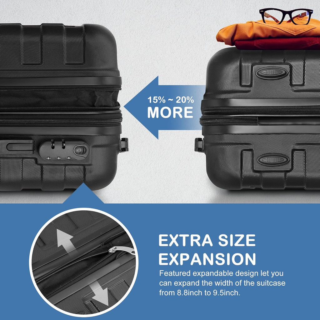 Black Luggage Set 3 Piece Hardside Expandable Spinner Wheels Suitcases R4559