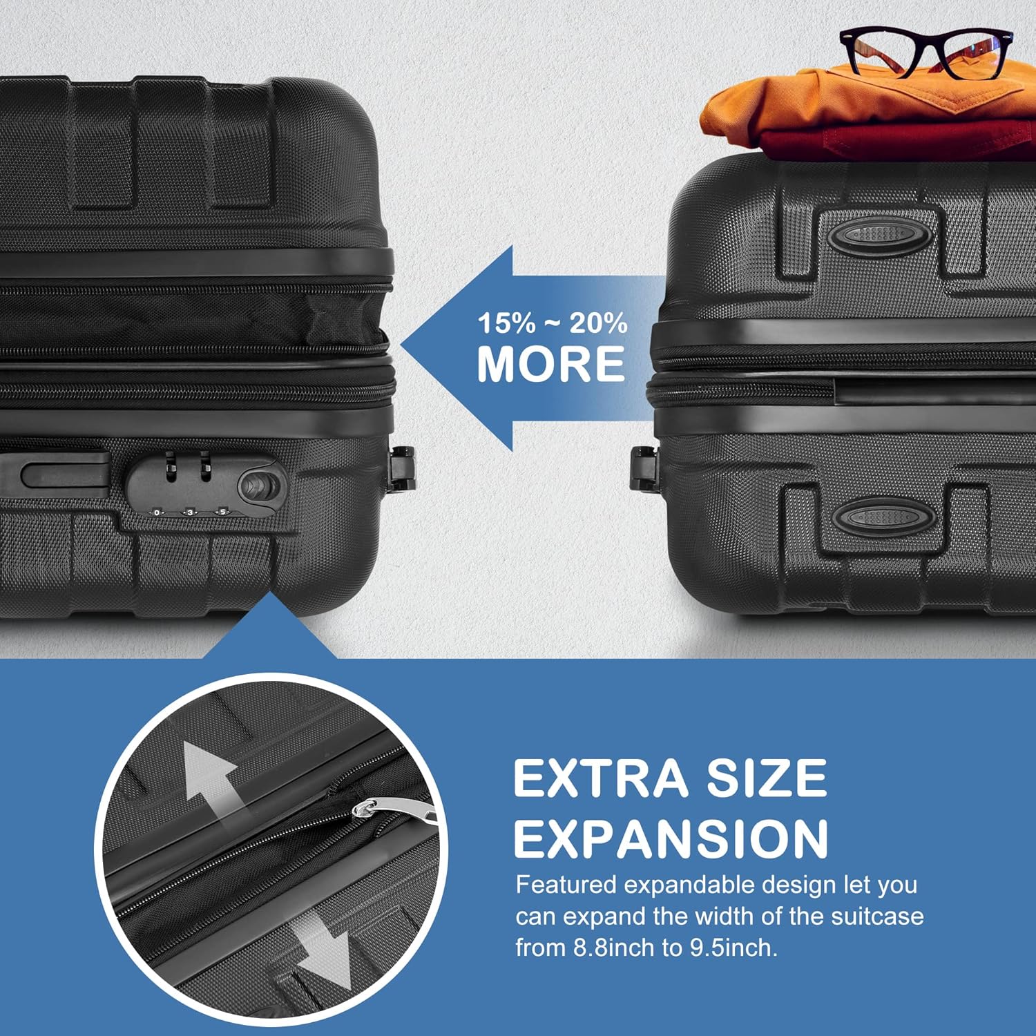 Black Luggage Set 3 Piece Hardside Expandable Spinner Wheels Suitcases R4559
