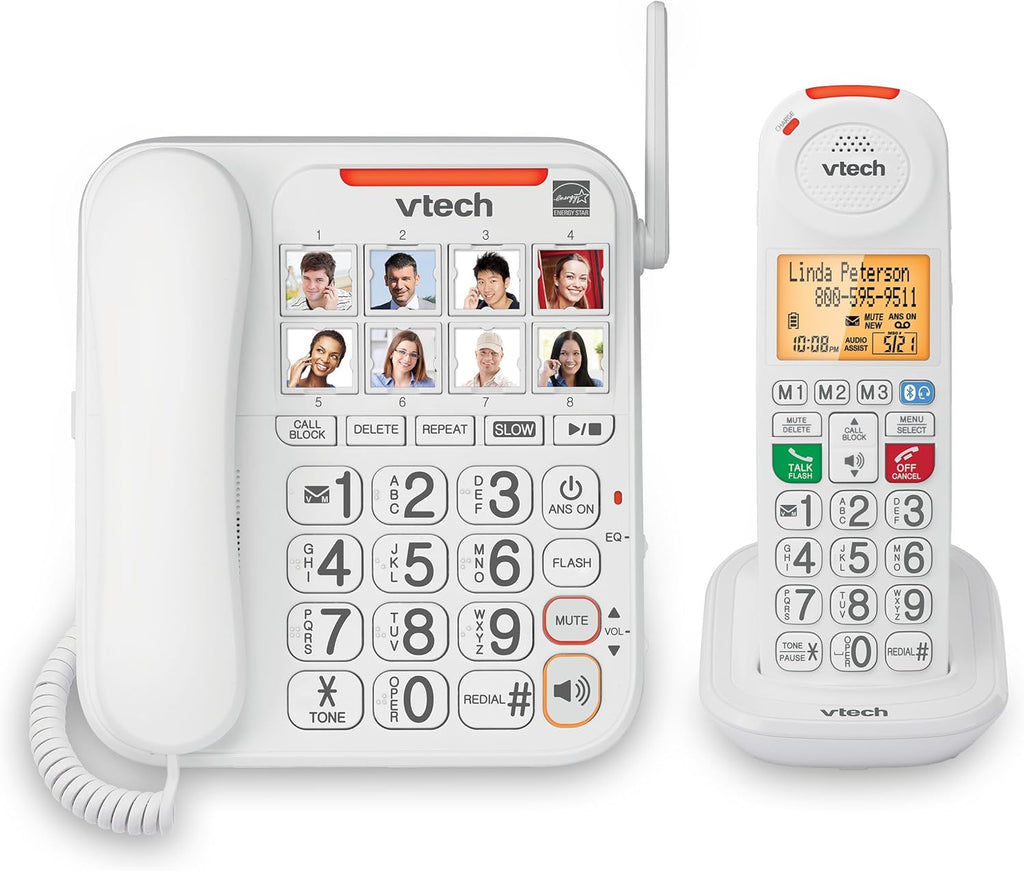 VTech SN5147 Amplified Corded/Cordless Senior Phone with Answering Machine, Call Blocking, 90dB Extra-loud Visual Ringer, One-touch Audio Assist on Handset up to 50dB, White