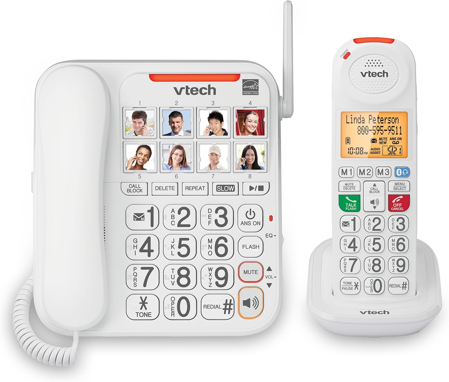 VTech SN5147 Amplified Corded/Cordless Senior Phone with Answering Machine, Call Blocking, 90dB Extra-loud Visual Ringer, One-touch Audio Assist on Handset up to 50dB, White