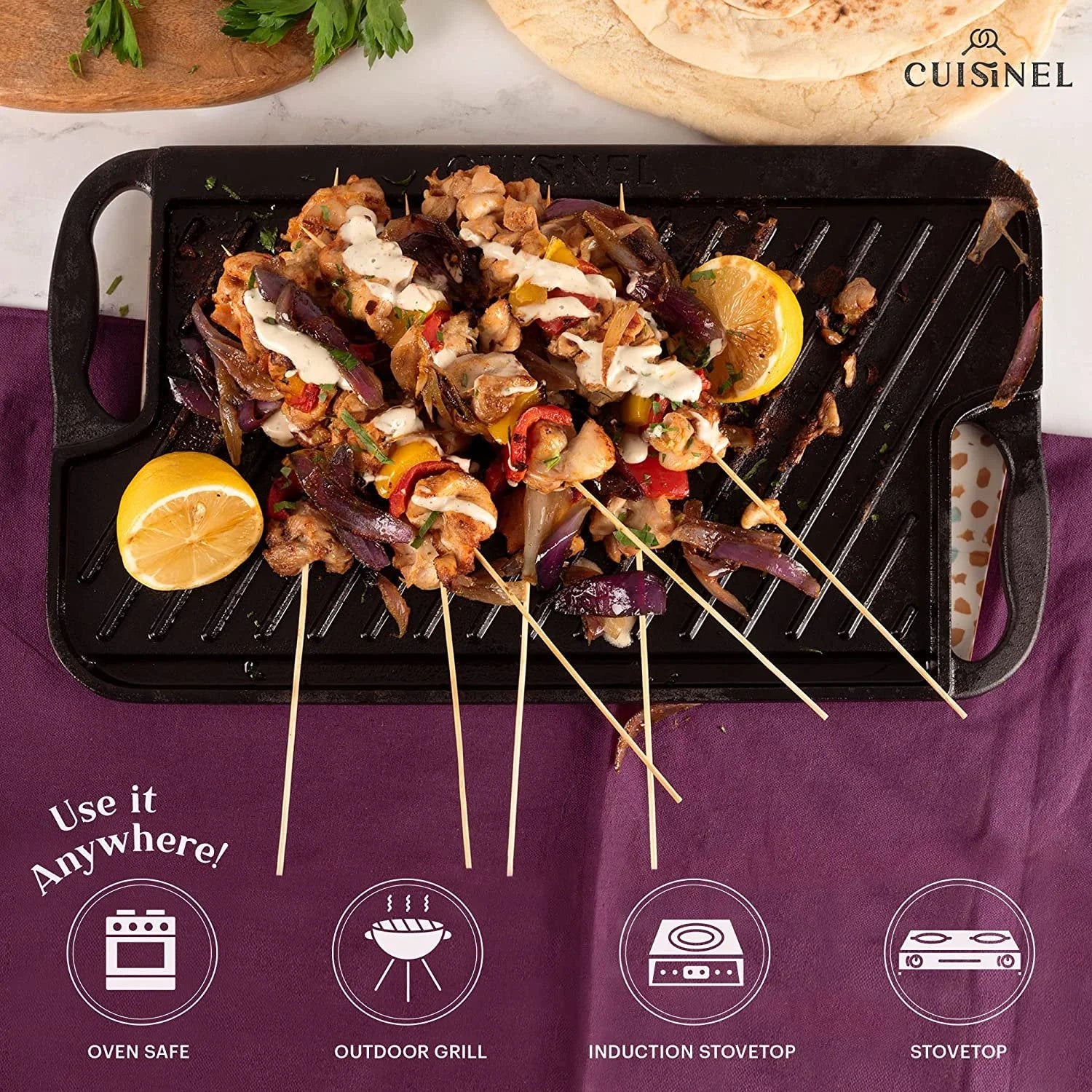 Cast Iron Griddle Grill with Scraper, Reversible Pre-Seasoned 16.75" x 9.5" Dual Handle Skillet F930