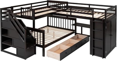 MERITLINE Twin Over Full Triple Bunk Bed with Storage Stairs, Solid Wood, Grey R998