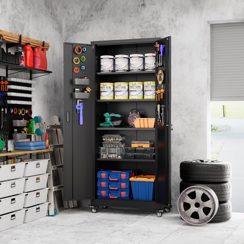 Aobabo 73''H Metal Garage Storage Cabinet with Wheels, Black S572804