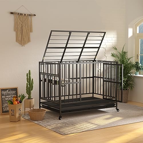 LOVMOR 48" Heavy Duty Dog Crate with Wheels and Removable Tray S78164