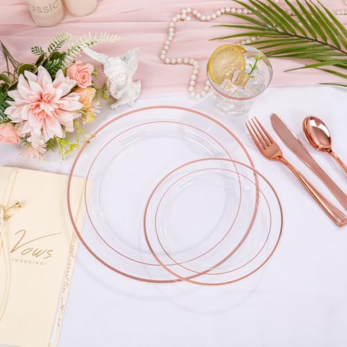 bUCLA 300PCS Gold Disposable Dinnerware Set - White and Gold Plastic Plates for Party S185
